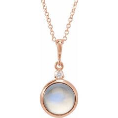 14K Rose Gold 8 mm Natural Rainbow Moonstone & .03 CT Natural Diamond Cabochon 16-18" Necklace