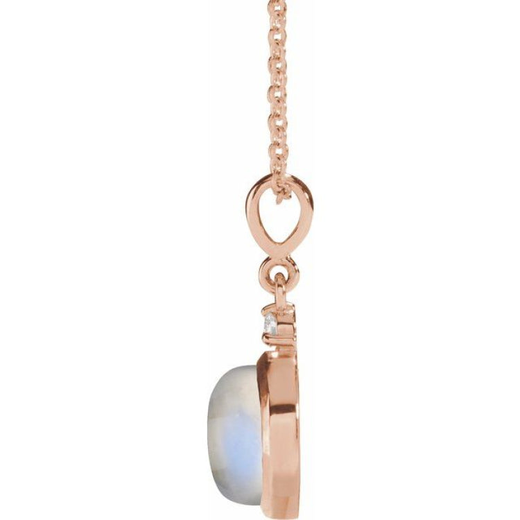 14K Rose Gold 8 mm Natural Rainbow Moonstone & .03 CT Natural Diamond Cabochon 16-18" Necklace
