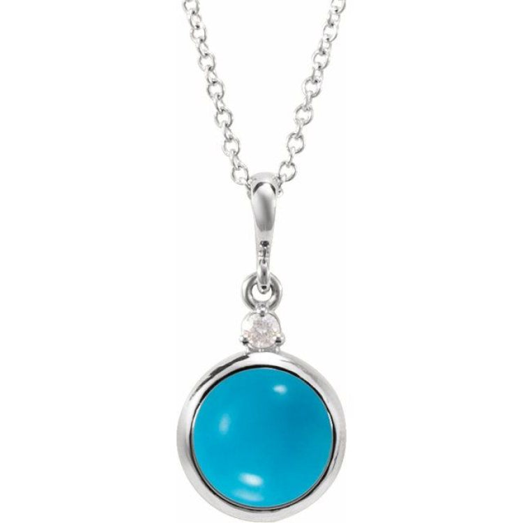 14K White Gold 6 mm Natural Turquoise & .03 CT Natural Diamond Cabochon 16-18" Necklace