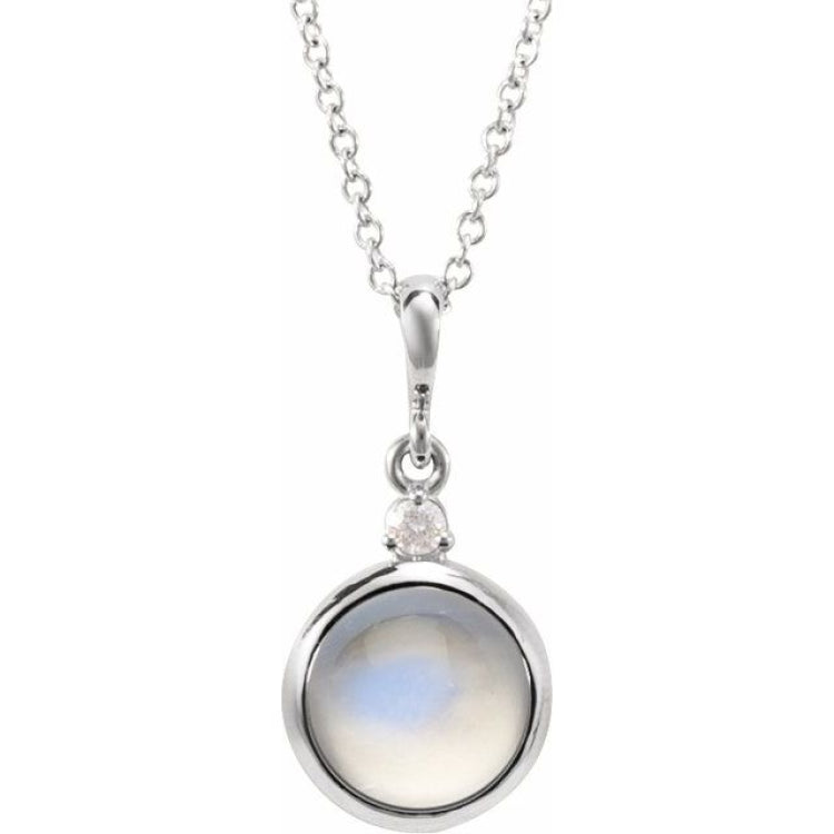 Sterling Silver 6 mm Natural Rainbow Moonstone & .03 CT Natural Diamond Cabochon 16-18" Necklace