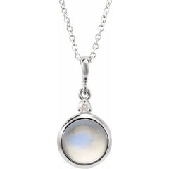 Platinum 6 mm Natural Rainbow Moonstone & .03 CT Natural Diamond Cabochon 16-18" Necklace