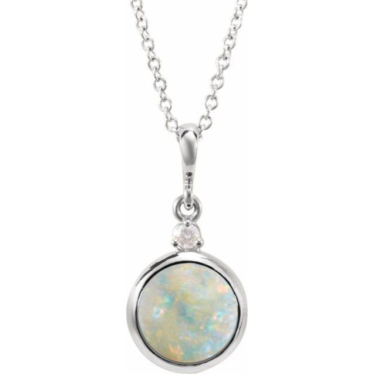 Sterling Silver 6 mm Natural White Opal & .03 CT Natural Diamond Cabochon 16-18" Necklace
