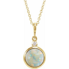 14K Yellow Gold 6 mm Natural White Opal & .03 CT Natural Diamond Cabochon 16-18" Necklace