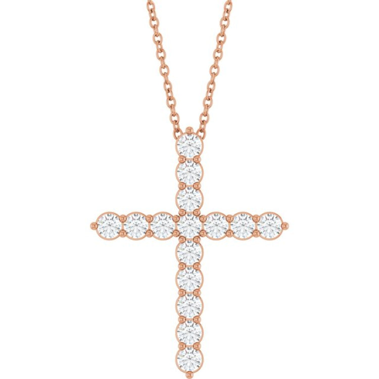 14K Rose Gold 3/4 CTW Lab-Grown Diamond Cross 16-18" Necklace