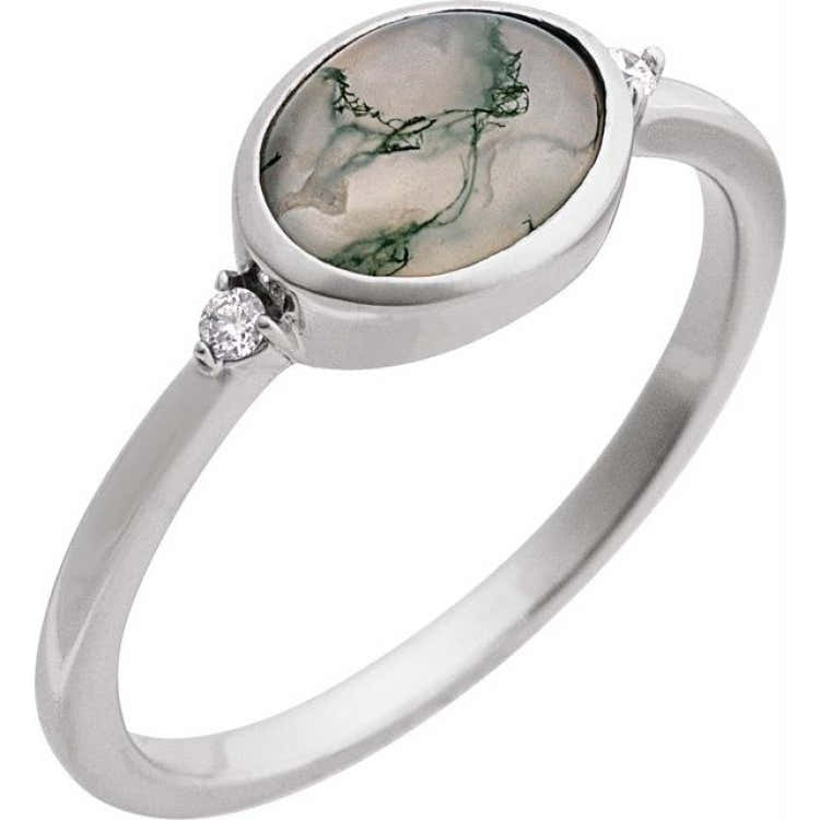 14K White Gold Natural Moss Agate & .03 CTW Natural Diamond Ring