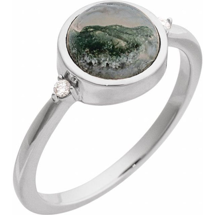 14K White Gold Natural Moss Agate & .03 CTW Natural Diamond Ring