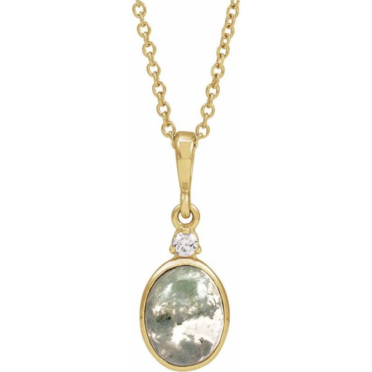 14K Yellow Gold 8x6 mm Natural Moss Agate & .03 CTW Natural Diamond 16-18" Necklace
