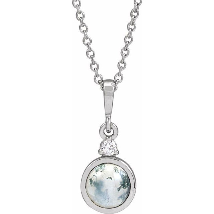 14K White Gold 6 mm Natural Moss Agate & .03 CTW Natural Diamond 16-18" Necklace