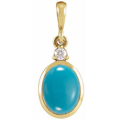 14K Yellow Gold 12x10 mm Natural Turquoise & .03 CT Natural Diamond Cabochon Pendant