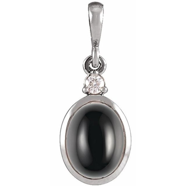 14K White Gold 12x10 mm Natural Black Onyx & .03 CT Natural Diamond Cabochon Pendant
