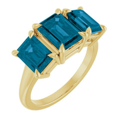 14K Yellow Gold 8x6 mm Emerald Natural London Blue Topaz Three-Stone Ring