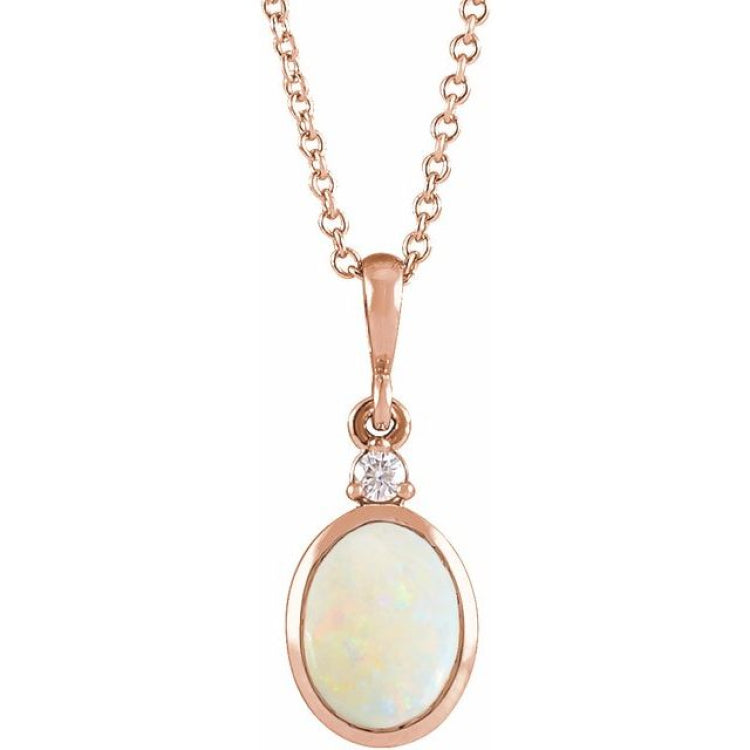14K Rose Gold 12x10 mm Natural White Opal & .03 CT Natural Diamond 16-18" Necklace