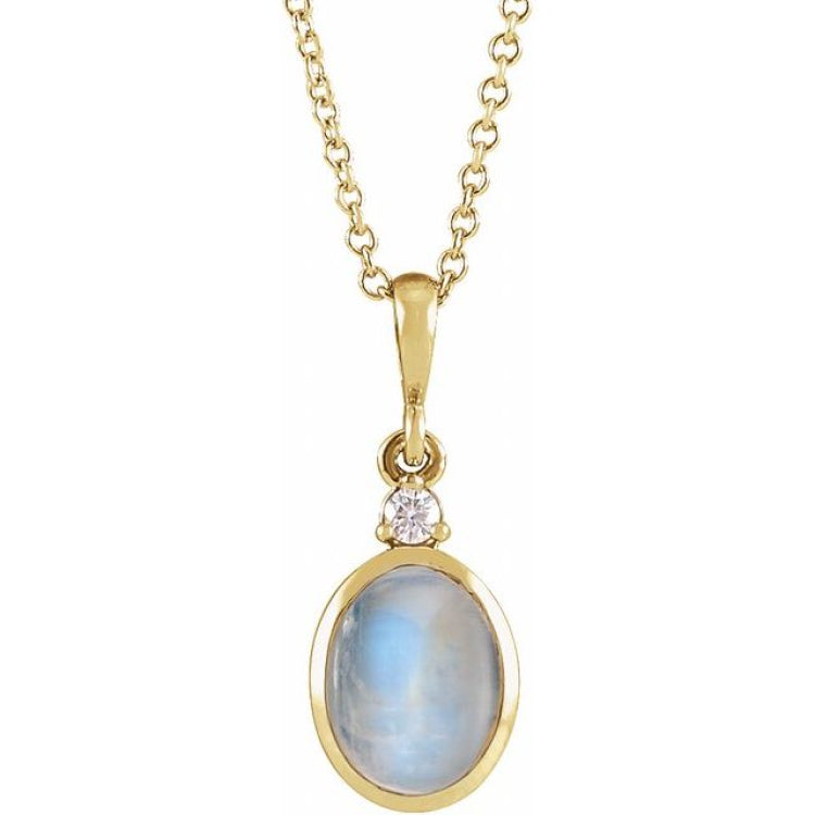 14K Yellow Gold 5x3 mm Natural Rainbow Moonstone & .03 CT Natural Diamond 16-18" Necklace