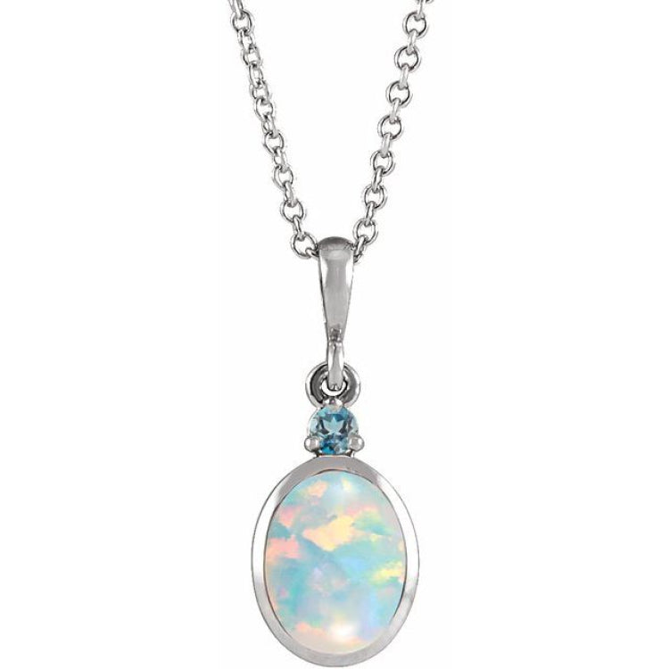 14K White Gold 8x6 mm Lab-Grown White Opal & Natural London Blue Topaz 16-18" Necklace