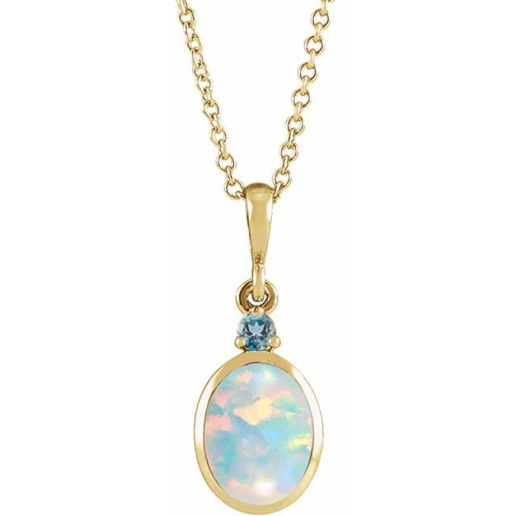 14K Yellow Gold 5x3 mm Lab-Grown White Opal & Natural London Blue Topaz 16-18" Necklace