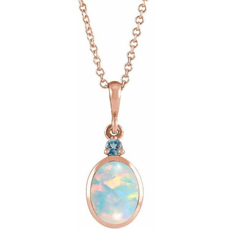 14K Rose Gold 5x3 mm Lab-Grown White Opal & Natural London Blue Topaz 16-18" Necklace