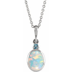 14K White Gold 6x4 mm Lab-Grown White Opal & Natural London Blue Topaz 16-18" Necklace