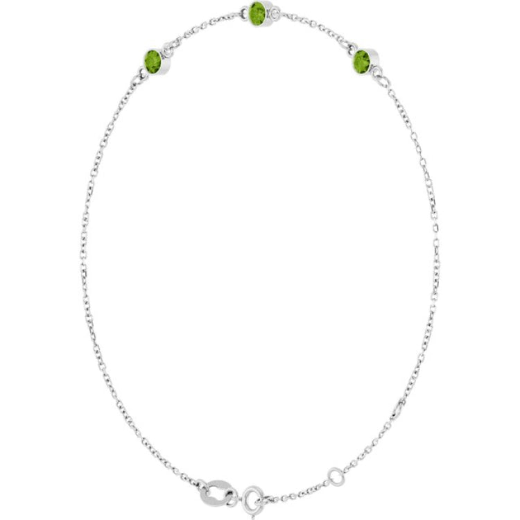 14K White Gold Natural Peridot Bezel-Set 3-Stone 6 1/2-7 1/2" Bracelet