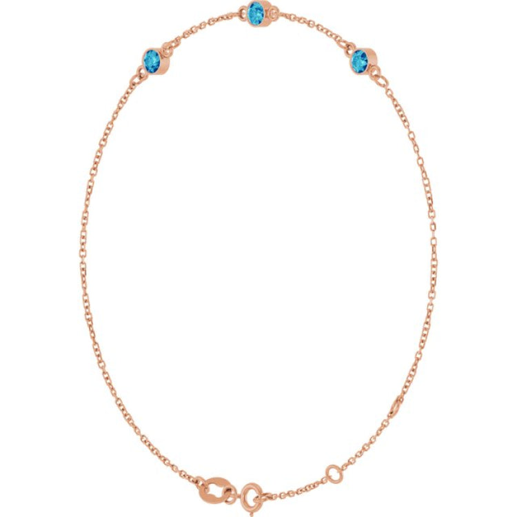 14K Rose Gold Natural Blue Zircon Bezel-Set 3-Stone 6 1/2-7 1/2" Bracelet