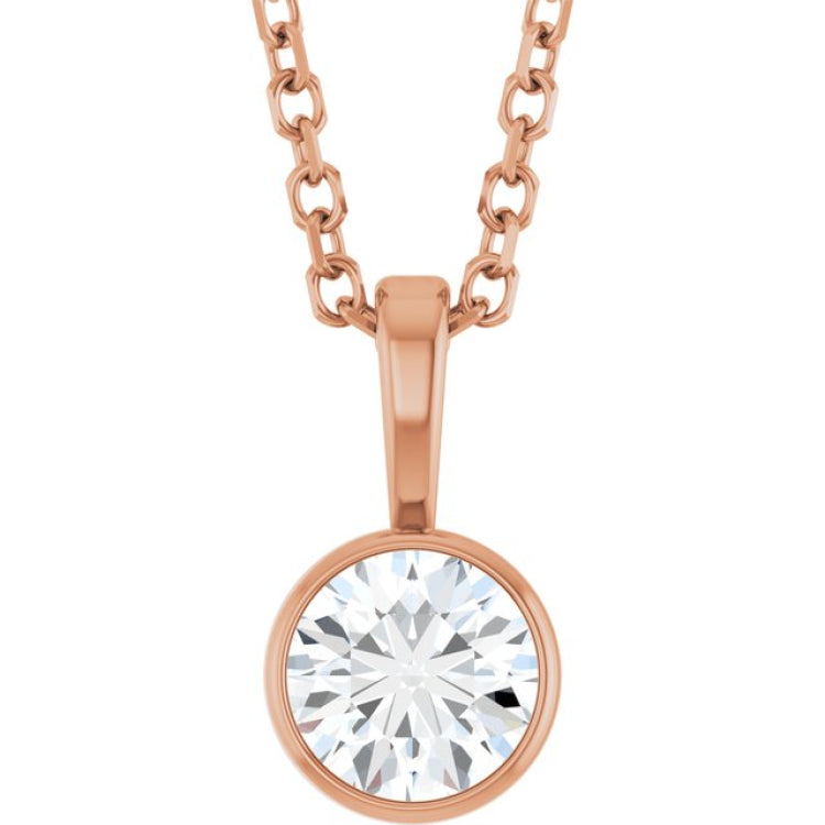 14K Rose Gold 1/3 CT Natural Diamond Bezel-Set Solitaire 16-18" Necklace