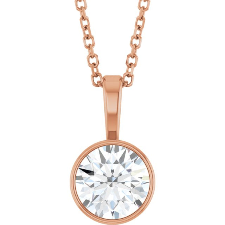 14K Rose Gold 9/10 CT Lab-Grown Diamond Bezel-Set Solitaire 16-18" Necklace