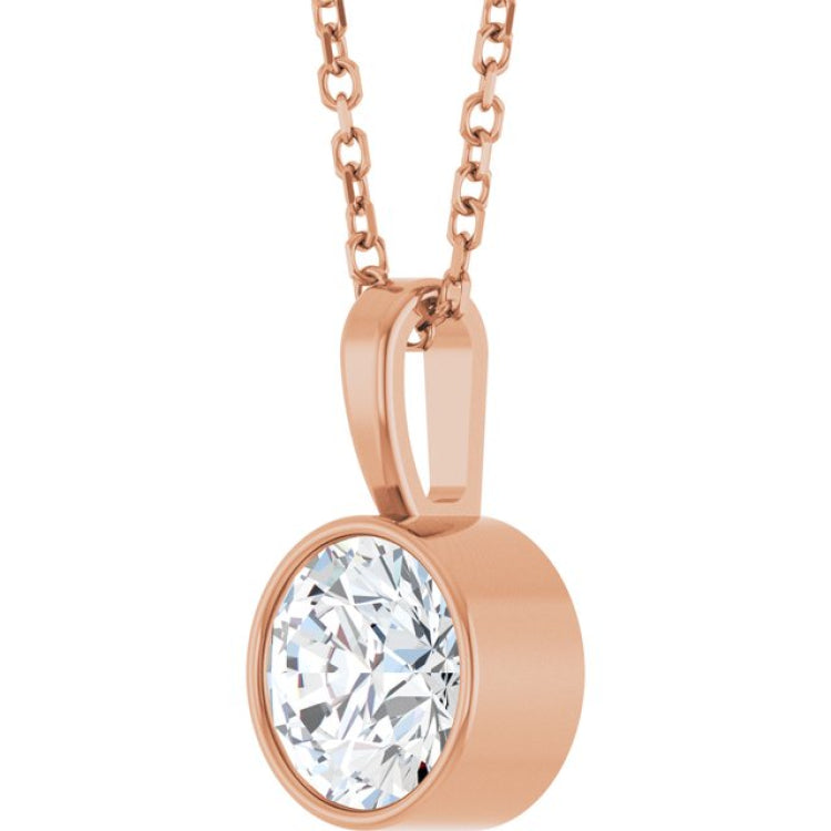 14K Rose Gold 9/10 CT Lab-Grown Diamond Bezel-Set Solitaire 16-18" Necklace