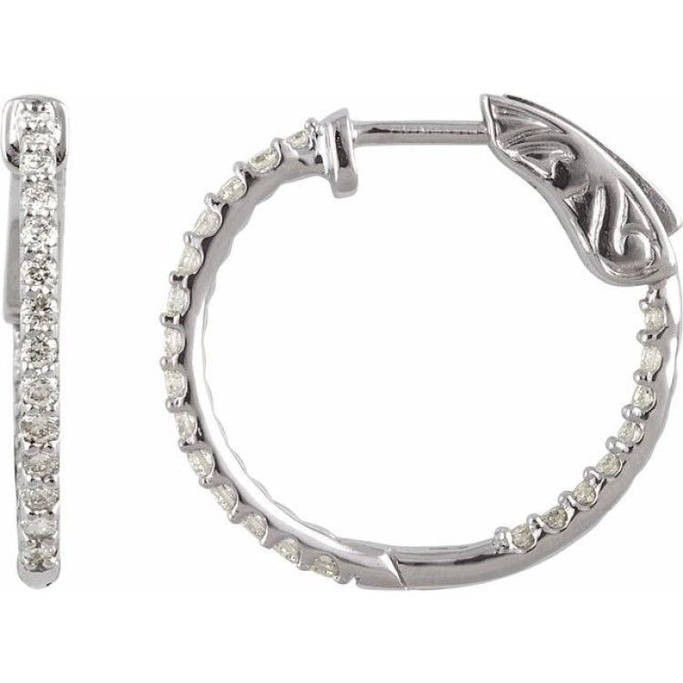 14K White Gold 1/2 CTW Natural Diamond Inside-Outside 19 mm Hinged Hoop Earrings