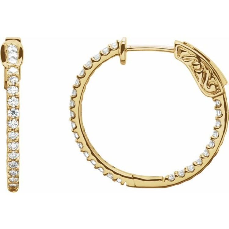 14K Yellow Gold 3/4 CTW Natural Diamond Inside-Outside 23 mm Hinged Hoop Earrings
