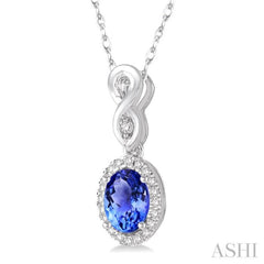 6x4 MM Oval Cut Tanzanite and 1/10 Ctw Round Cut Diamond Pendant in 14K White Gold with Chain
