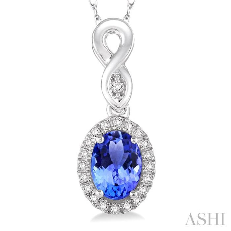 6x4 MM Oval Cut Tanzanite and 1/10 Ctw Round Cut Diamond Pendant in 14K White Gold with Chain