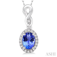 6x4 MM Oval Cut Tanzanite and 1/10 Ctw Round Cut Diamond Pendant in 14K White Gold with Chain