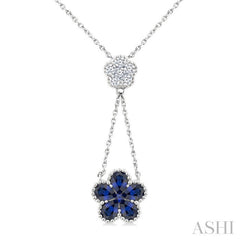4x3 MM Pear Cut & 1.8 MM Round Sapphire and 1/5 Ctw Round Cut Diamond Floral Blossom Precious Necklace in 14K White Gold