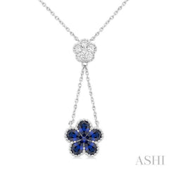 4x3 MM Pear Cut & 1.8 MM Round Sapphire and 1/5 Ctw Round Cut Diamond Floral Blossom Precious Necklace in 14K White Gold