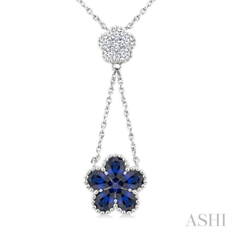 4x3 MM Pear Cut & 1.8 MM Round Sapphire and 1/5 Ctw Round Cut Diamond Floral Blossom Precious Necklace in 14K White Gold