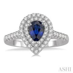7x5 MM Pear Shape Sapphire and 1/2 Ctw Round Cut Diamond Precious Ring in 14K White Gold