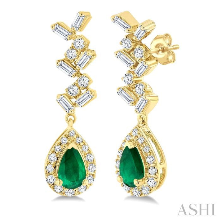 5x3 MM Pear Shape Emerald, 1/3 Ctw Baguette and Round Cut Diamond Halo Precious Earrings in 10K Yellow Gold