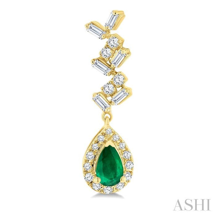 5x3 MM Pear Shape Emerald, 1/3 Ctw Baguette and Round Cut Diamond Halo Precious Earrings in 10K Yellow Gold