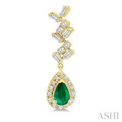 5x3 MM Pear Shape Emerald, 1/3 Ctw Baguette and Round Cut Diamond Halo Precious Earrings in 10K Yellow Gold