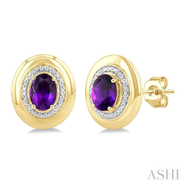 7X5 MM Oval Shape Amethyst and 1/20 Ctw Round Cut Diamond Semi-Precious Earrings in Yellow Gold Vermeil