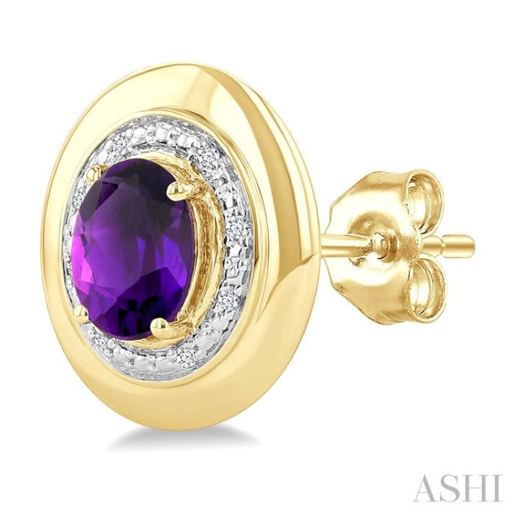 7X5 MM Oval Shape Amethyst and 1/20 Ctw Round Cut Diamond Semi-Precious Earrings in Yellow Gold Vermeil