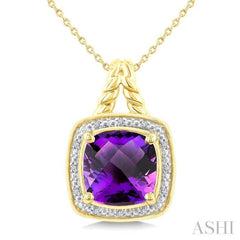 10 MM Cushion Shape Amethyst and 1/20 Ctw Round Cut Diamond Semi-Precious Pendant With Chain in Yellow Gold Vermeil
