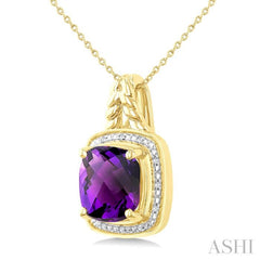 10 MM Cushion Shape Amethyst and 1/20 Ctw Round Cut Diamond Semi-Precious Pendant With Chain in Yellow Gold Vermeil