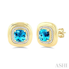 6 MM Cushion Shape Blue Topaz and 1/20 Ctw Round Cut Diamond Semi-Precious Earrings in Yellow Gold Vermeil