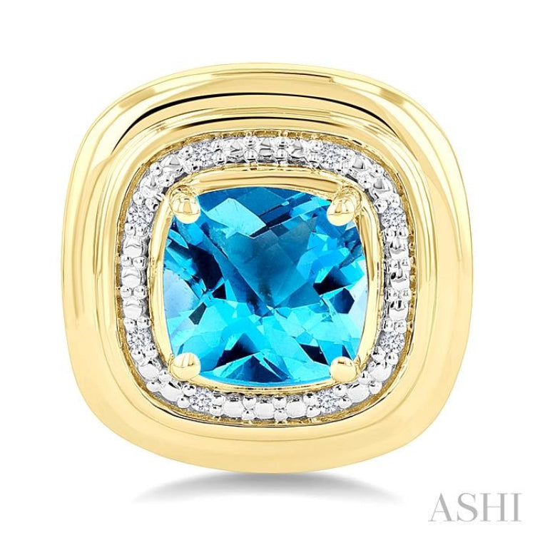 6 MM Cushion Shape Blue Topaz and 1/20 Ctw Round Cut Diamond Semi-Precious Earrings in Yellow Gold Vermeil