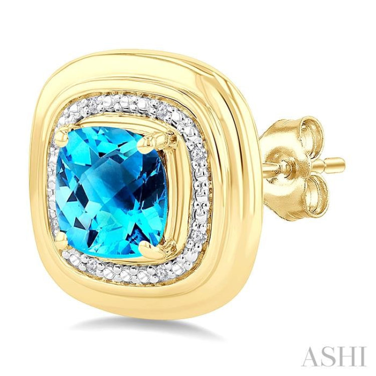 6 MM Cushion Shape Blue Topaz and 1/20 Ctw Round Cut Diamond Semi-Precious Earrings in Yellow Gold Vermeil
