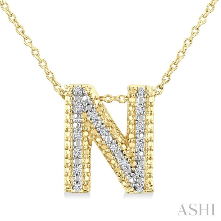 1/20 Ctw Bubble Accent Initial 'N' Round Cut Diamond Fashion Pendant With Chain in Yellow Gold Vermeil