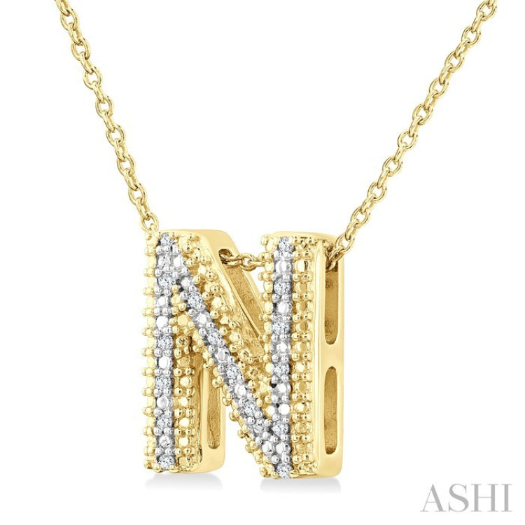1/20 Ctw Bubble Accent Initial 'N' Round Cut Diamond Fashion Pendant With Chain in Yellow Gold Vermeil