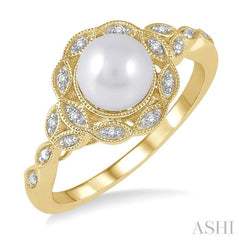 6.5 MM Cultured Pearl and 1/20 Ctw Round Cut Diamond Ring in Yellow Gold Vermeil
