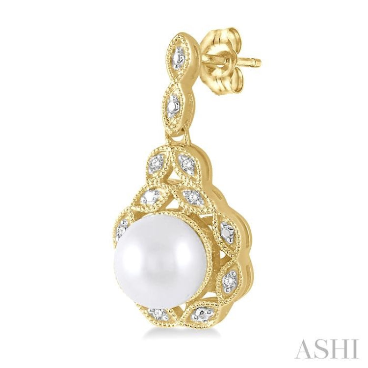 6 MM Cultured Pearl and 1/20 Ctw Round Cut Diamond Earrings in Yellow Gold Vermeil