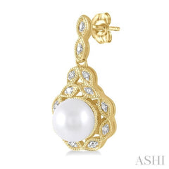 6 MM Cultured Pearl and 1/20 Ctw Round Cut Diamond Earrings in Yellow Gold Vermeil